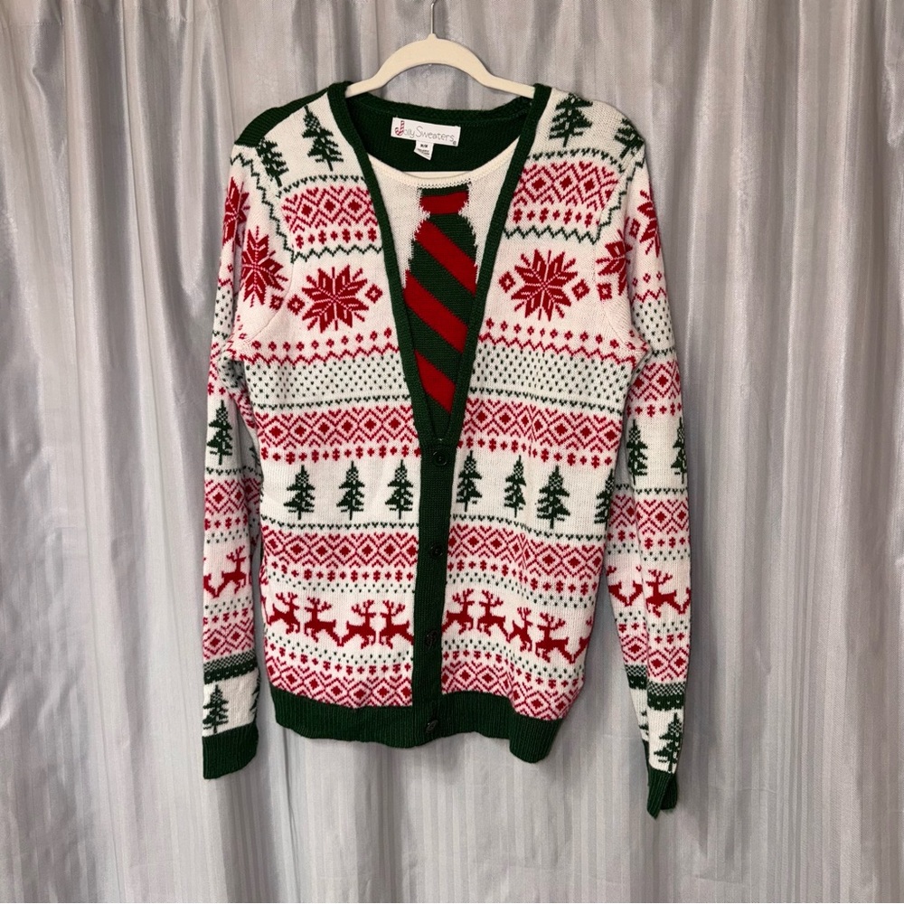 Festive Holiday or Christmas Cardigan with Red and Green Patterns size Medium